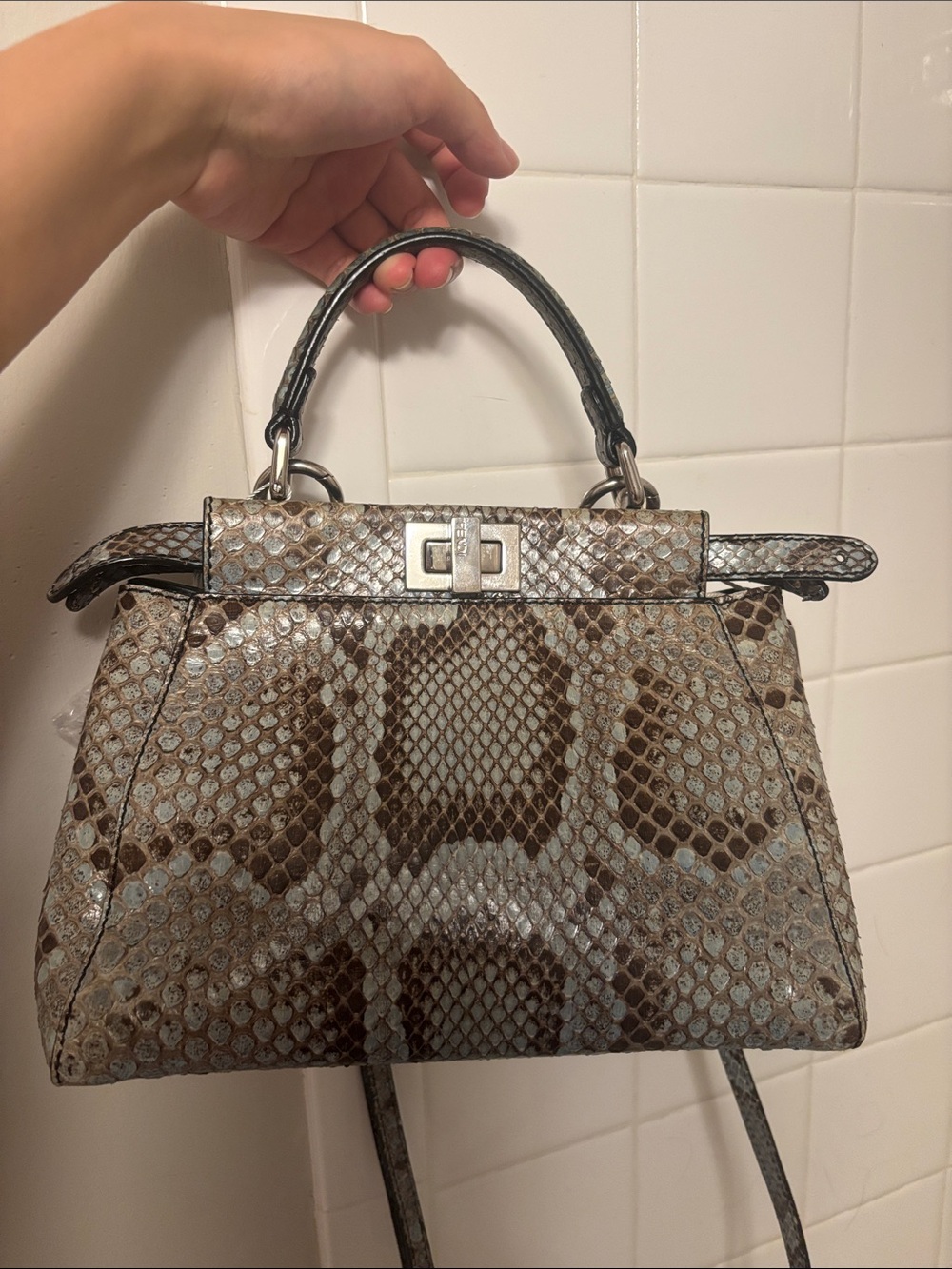 Fendi Python skin Top Handle Satchel in blue and Gray